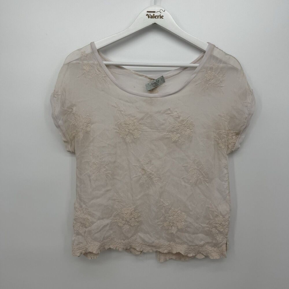 Angela Moda Ivory Lace Sheer Short Sleeve Top Silk Blend Coquette Floral Small